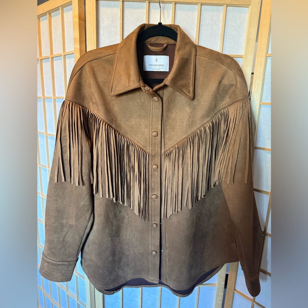 Stradivarius Brown Leather Suede Fringe Shacket